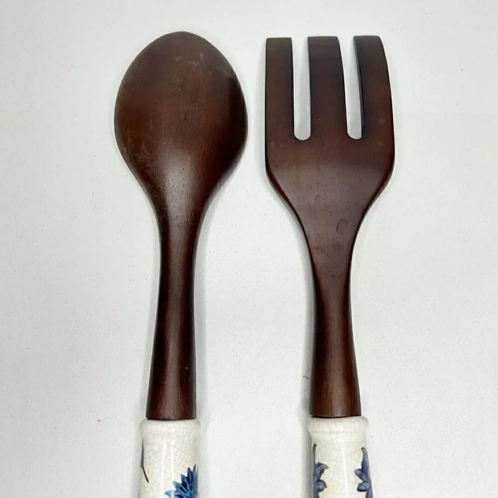 Wooden Salad Serving Fork Spoon Set w/ Porcelain Floral/Bird Handles 13